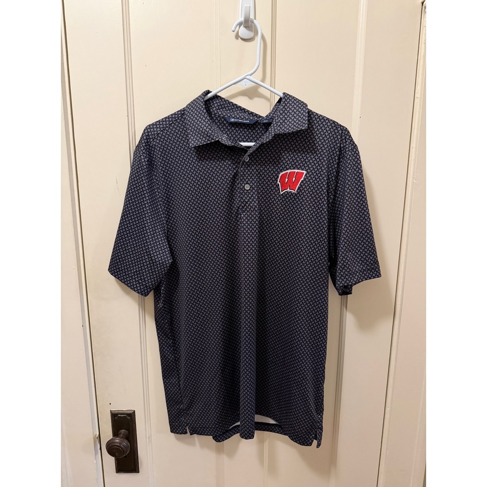 Cutter & Buck Wisconsin Badgers Mens Medium Polo Shirt Geometric Black Grey